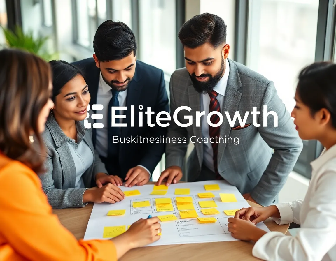 Business professionals collaborating on a strategic plan with sticky notes