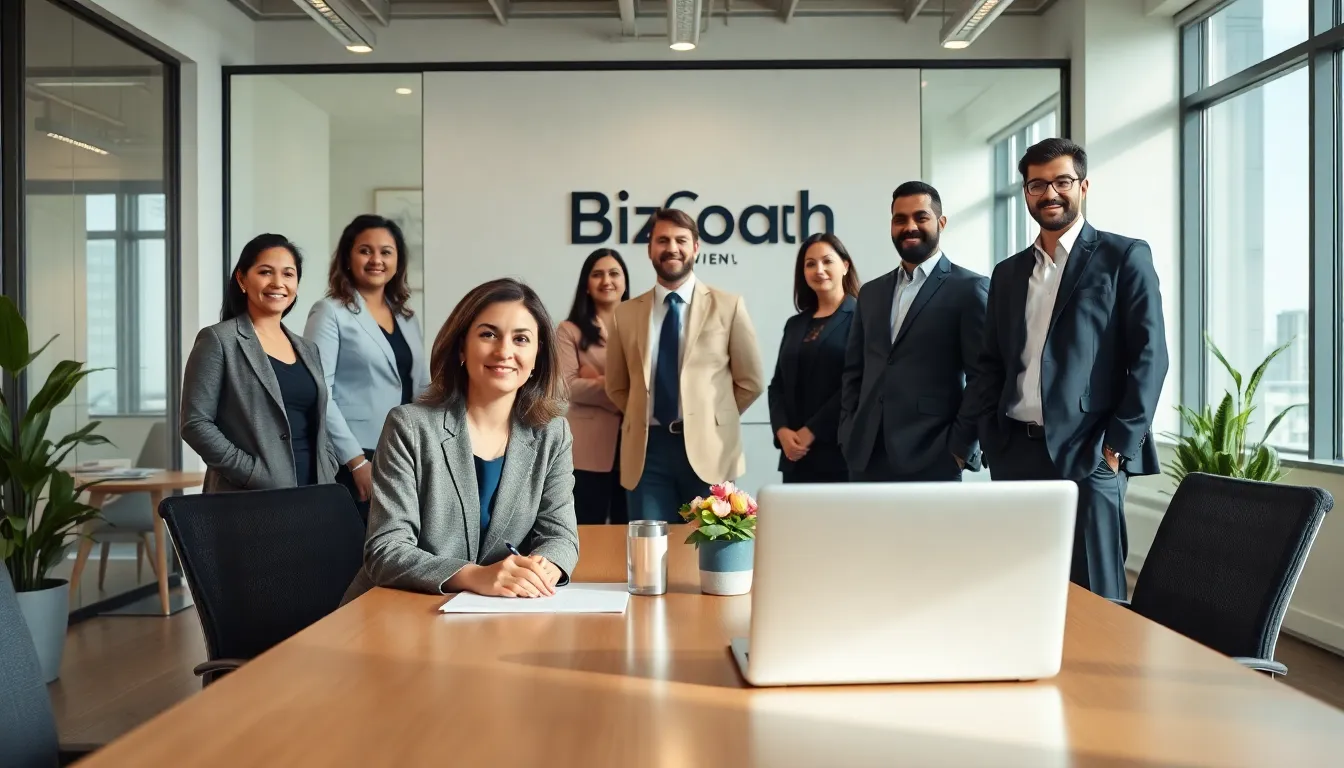 The professional team of BizCoach Vienna posing in their modern office